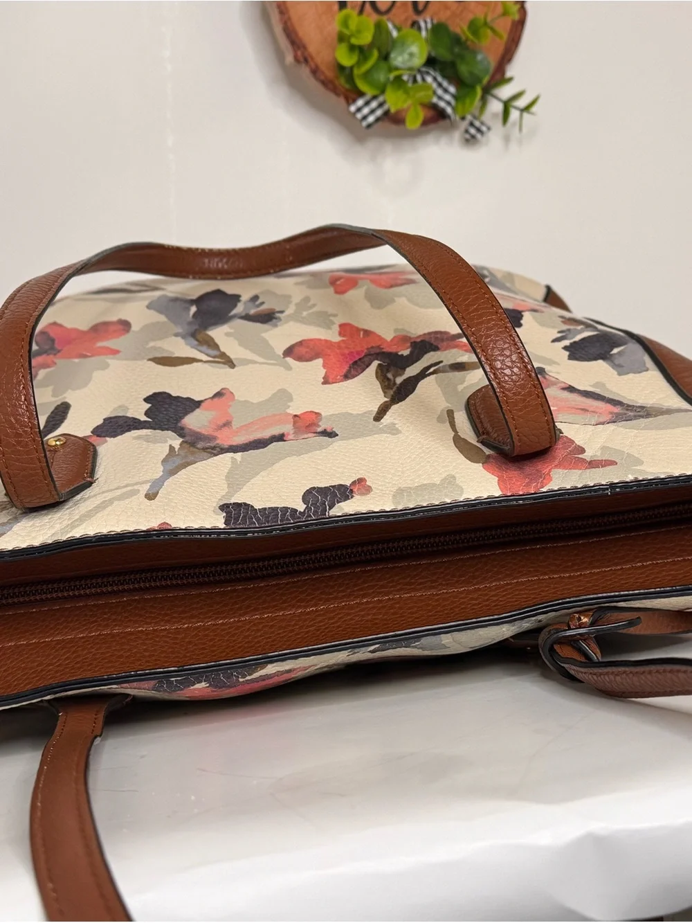 Ralph Lauren Floral Canvas Tote in Cream, Brown, Pink and Navy